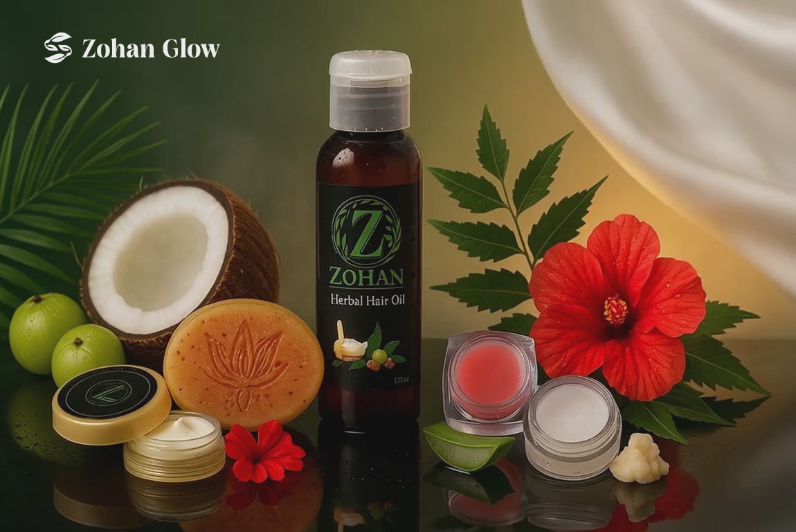 Load video: ZohanGlow, homemade herbal skincare and haircare brand offering natural soaps, herbal oils, shampoos, creams, lip balms, and scrubs for healthy hair and glowing skin.